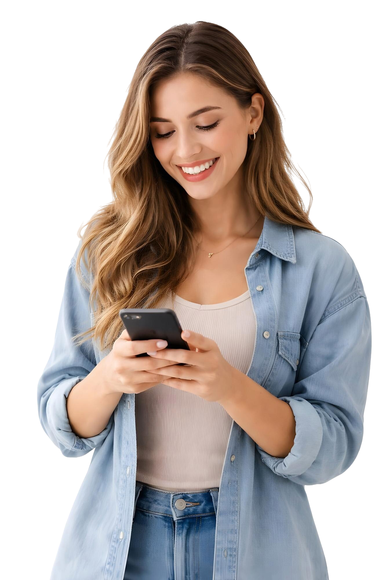 Mulher sorrindo usando o smartphone